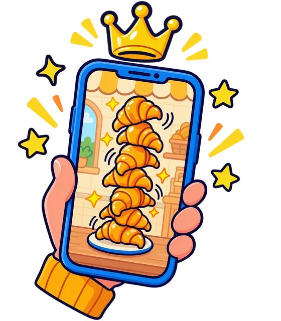 Un téléphone affiche un jeu d'empilement de croissants, avec une couronne de record